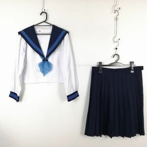 1円 セーラー服 スカート スカーフ 上下3点セット 大きいサイズ 特大 中間服 青3本線 女子 学生服 高知南高校 白 制服 中古 ランクC EY5365