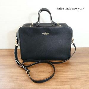 美品 kate spade new york ケイトスペードニューヨーク カウレザー 2WAY スクエア ハンドバッグ ショルダーバッグ トランクバッグ 黒