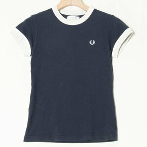 メール便◯ FRED PERRY フレッドペリー サイズUSA6 半袖 リンガーTシャツ クルーネック 紺/ネイビー ワンポイント刺繍 レディース 春夏