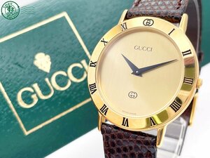 2405605134　＃ GUCCI グッチ 3000 M クォーツ QZ 2針 アナログ 腕時計 ゴールド文字盤 ローマン 純正ベルト ケース付き