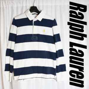 ラルフローレン ポロ Ralph Lauren POLO しっかりコットン！太いボーダー柄！長袖ラグビージャージ ラガーシャツ L プルオーバー 紺 110507