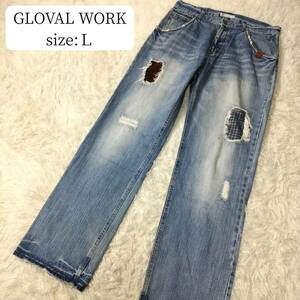 【訳あり】GLOBAL WORK USED加工デニムパンツ ジーンズ Lサイズ メンズ インディゴ ダメージ加工 リペア加工 メンズ グローバルワーク