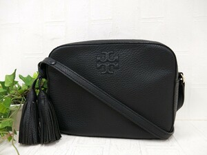 TORY BURCH トリーバーチ◆カーフ レザー 本革◆ショルダー バッグ◆ブラック G金具◆超美品◆タッセル◆斜め掛け◆ロゴ型押し◆N8387