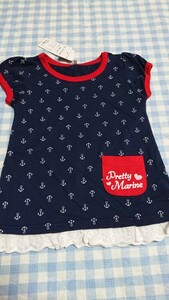 ♪135未使用・保管品☆裾ナチュラルレース　半袖Tシャツ　紺マリン130②