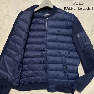 極美品/L相当★ ポロ ラルフローレン POLO RALPH LAUREN 袖切替 ハイブリッド ダウンジャケット ブルゾン ポニー刺繍 ネイビー 紺 メンズ