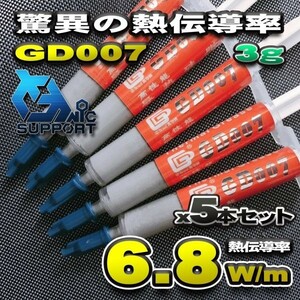 【GD007】驚異の熱伝導率 6.8W/m CPUグリス 3g GD007 超高性能 シリコン ヒートシンク x 5本