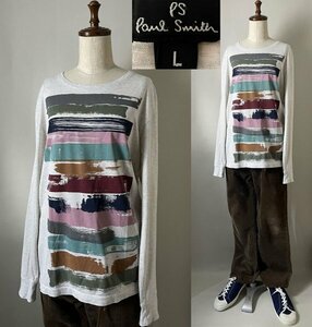 国内正規品 日本製 名作 PS Paul Smith ピーエス ポールスミス カスレ ペンキ ペイント デザイン ロンT Tシャツ 長袖 L グレー カットソー