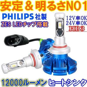 安定度＆明るさトップクラスLEDヘッドライトキット12000lm　HB3(9005) 6500k　12V車OK 24V車OK　ヒートシンクで静か車検対応　PHILIPS社LED