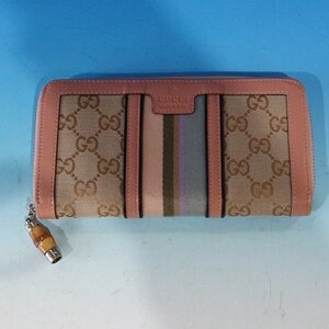 中古 GUCCI/グッチ GG柄 長財布 ピンク バンブーストラップ ストライプ コンビ 送料CP185円可