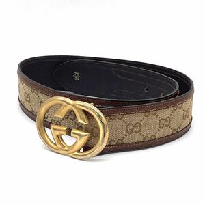 1円 美品 GUCCI オールドグッチ インターロッキングG GGキャンバス レザー ブラウン ベルト ゴールド金具