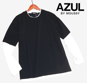 新品! アズールバイマウジー レイヤード風 梨地 ロング Tシャツ ブラック×ホワイト (F) ☆ AZUL BY MOUSSY メンズ 長袖 M-L相当 黒白系 ★