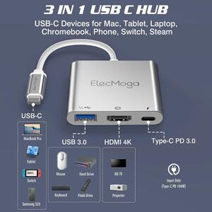 ElecMoga Type-C - HDMIアダプター 4K USB3.0 + USB-C 高速充電ポートコンバーター Macハブ MacBook Pro Air iPad 2020 Chromebook DellXPS