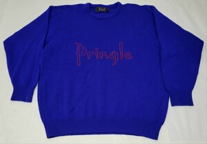 美品 スコットランド製 pringle ピュアウールセーター ロゴ刺繍 青 L XL 程度 SCOTLAND製 プリングル ニット