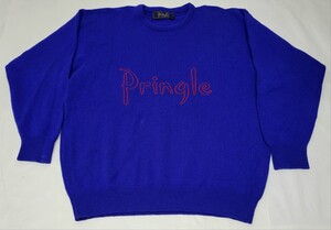 美品 スコットランド製 pringle ピュアウールセーター ロゴ刺繍 青 L XL SCOTLAND製 プリングル ニット vintage ビンテージ 英国製