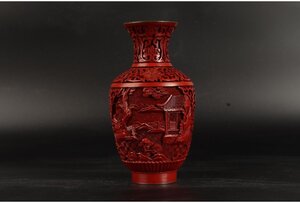 [URA]中国美術/堆朱山水風景花唐草彫花瓶/H17.8cm/7-12-54　(検索)骨董/唐物/古玩/漆器/蓋物/蓋付壷/花器/壷/花入/花生