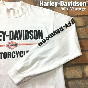 ★USA直輸入★90’s vintage【Harley-Davidson ハーレー】ヘヴィーウエイト モックネック 両面両袖プリント 長袖 Tシャツ 白 バイク K2-875