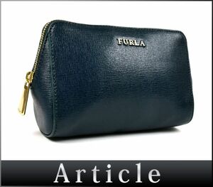 191476◆美品 FURLA フルラ ポーチ 小物入れ 化粧ポーチ メイクポーチ レザー 革 ティール グリーン ブルー レディース/ B