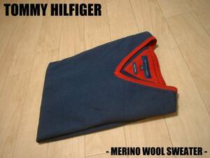 TOMMY HILFIGERワンポイント刺繍Vネックメリノウールセーター美品M濃紺ネイビー正規トミーヒルフィガーMERINO WOOLニットJEANSジーンズ