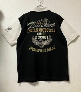 Indian Motocycle インディアン モトサイクル ハーフジップ ショートスリーブ 刺繍 プリント L 黒×ベージュ ポロシャツ Tシャツ 