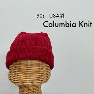 90s USA製 Columbia Knit コロンビアニット ニット帽 キャップ 帽子 ビーニー ワッチ コットン オールシーズン レッド 玉SS1586