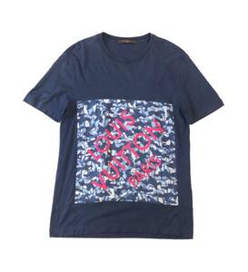 LOUIS VUITTON ルイヴィトン ロゴ カモフラ 半袖Tシャツ カットソー トップス ネイビー 迷彩 ITALY製 S (ma)