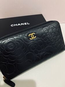 CHANEL ● 極上美品 シャネル ラムスキン 羊革 ラウンドファスナー 長財布 ブラック カメリア ココマーク 黒