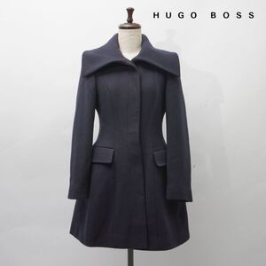 美品 HUGO BOSS ヒューゴボス ラムウール100% ビッグカラー フレアロングコート レディース 冬物アウター 紺 ネイビー サイズS*JC501