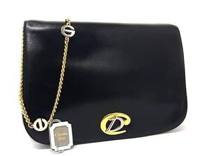 1円 ■美品■ ChristianDior クリスチャンディオール ヴィンテージ レザー チェーン ショルダーバッグ レディース ネイビー系 FI7376