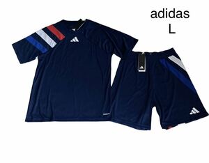 新品 正規品【adidas】adidas AEROREADY半袖 Tシャツセットアップ 上下セット◆L◆ネイビー 紺色 3ストライプ トリコロールカラー 吸湿性