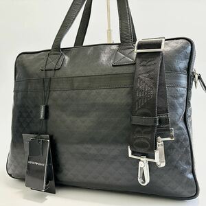 美品 EMPORIO ARMANI 2WAY エンポリオアルマーニ ブリーフケース 全面ロゴ 総柄 PVC ビジネスバッグ メンズ 通勤 A4 PC収納可能