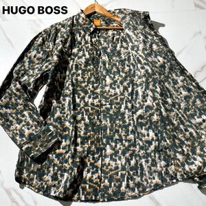 極美品/XXLサイズ◎希少デザイン ヒューゴボス 長袖シャツ 羽織り HUGO BOSS コットン 総柄 カモフラ 迷彩柄 オレンジロゴタグ ゆったり