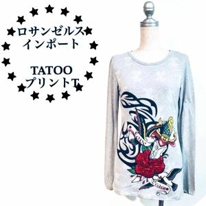 【新品★現品限り】ロサンゼルスインポート輸入品＊スパンコール付き＊TATOOプリント長袖Tシャツ＊ロック エモ系 カジュアル