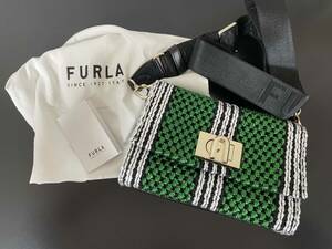 ［美品］FURLA フルラ ショルダーバッグ グリーン×ブラック×ホワイト 緑 黒 白 ハンドバッグ