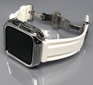 ホワイト シルバー アップルウォッチバンド ラバーベルト Apple Watch カバー　ケース 38mm 40mm 41mm 42mm 44mm 45mm 49mm ウルトラ