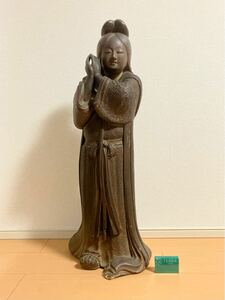 ●時代物 木彫 特大 貼り紙 美人像 高さ80cm 仏教 中国 仏像 置物 唐物●