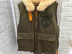 【美品】AVIREX／6192177／IMPACT HOODIE DOWN VEST／サイズXL／カーキ／ダウン／ムートン／ダウンベスト／アヴィレックス