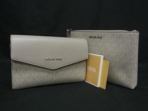 1円 ■新品同様■ MICHAEL KORS マイケルコース MK柄 PVC×レザー クラッチバッグ マルチポーチ 2点セット グレー系 BM3960