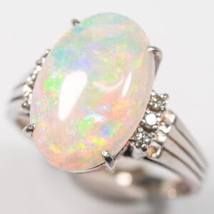 ★1円〜★PT900 5.0g ♯13 鑑定付 超大粒天然オパール ダイヤモンド Natural Opal Diamond Platinum プラチナ 白金 Ring Jewelry 新品仕上