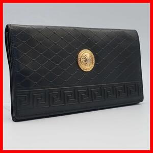 正規品 ヴェルサーチ Versace 長財布 Long wallet サンバースト Sunburst 特大金具 内張り総ロゴ Full Logo Inner 黒 Black Authentic Mint