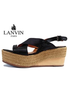 美品【ランバン】LANVIN ジュート ウェッジサンダル(40.5)ブラック サテン×レザー 裏張り 済