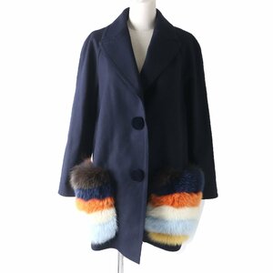 極美品 FENDI フェンディ FF8247 ウール カシミヤ混 ポケットフォックスファー付 コート ネイビー 38 イタリア製 正規品 レディース