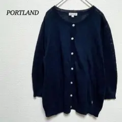 【PORTLAND】リネンカーディガン　ネイビー　麻混　クルーネック　４/LL