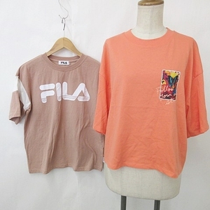 ジーユー GU mika ninagawa フィラ FILA Tシャツ 2枚セット カットソー 五分袖 半袖 プリント ロゴ オレンジ ベージュ ホワイト M