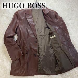 【最高峰・美品】HUGO BOSS ヒューゴボス レザージャケット ライダース アウター バルデッサリーニ 羊革 XXL ブラウン 茶 メンズ