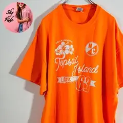 ギルダン メンズ 花柄 デカロゴ 半袖Tシャツ オレンジ 2XL 古着