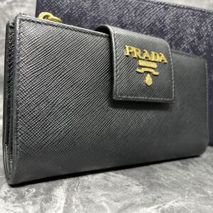 ■極希少/美品■ PRADA プラダ 長財布 二つ折り ウォレット メタルロゴ ゴールド金具 多収納 サフィアーノ レザー 本革 ブラック 1ML005