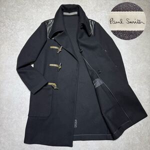 美品●レザーショルダー●Paul Smith●ダッフルコート 黒 ポールスミス 水牛角トグルボタン 本革ウールジャケット ロング 通勤 メンズS