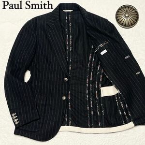 【極美品】 ポールスミス PaulSmith 【魅せる裏地】パイピング 幾何学柄 銀ボタン テーラードジャケット ストライプ 2B ブラック メンズ M