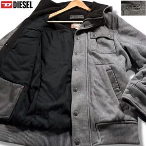 極美品/Lサイズ●肉厚 DIESEL ディーゼル 中綿 裏地ボア パーカー フード ジャケット アウター 胸元ロゴ金具 コーデュロイ切替 グレー