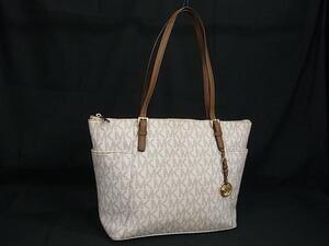 1円 ■美品■ MICHAEL KORS マイケルコース MK柄 PVC×レザー トートバッグ ショルダー 肩掛け アイボリー系×ブラウン系 BM4936